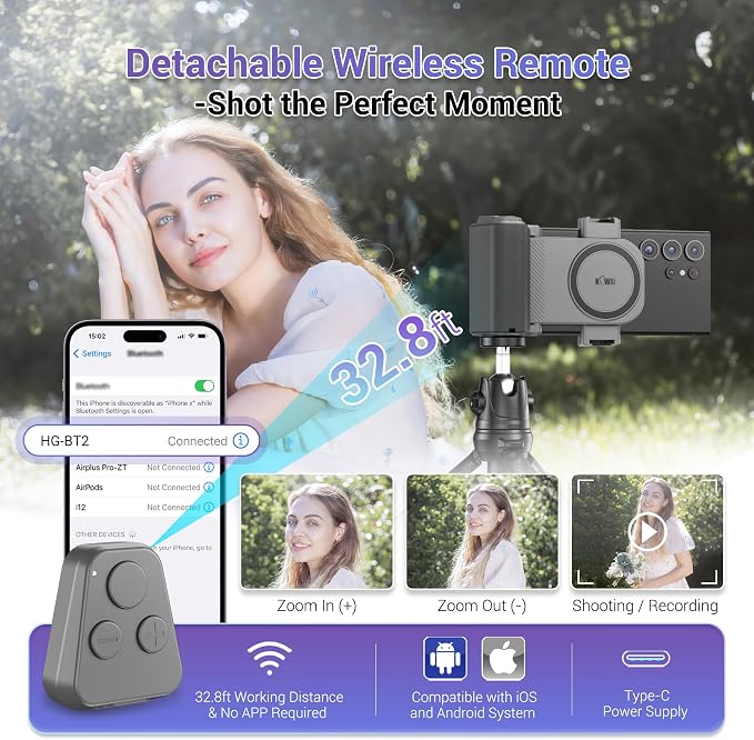 KIWIFOTOS Travel Phone Camera Grip Smartphones Camera Handle with Remote Control & Cold Shoe Mount for iPhone 17 16 Pro Max Samsung S24 S25 Selfie Vlog Video Shooting(Tripod NOT Included)