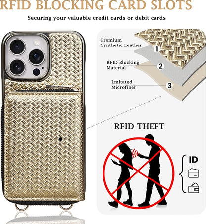 Keallce Wallet Case for iPhone 16 Pro Max 6.9", Crossbody Zipper Purse with Wristlet Strap, RFID Blocking Card Holder Kickstand, Woven Leather Case Electroplating Process for Women (Gold)