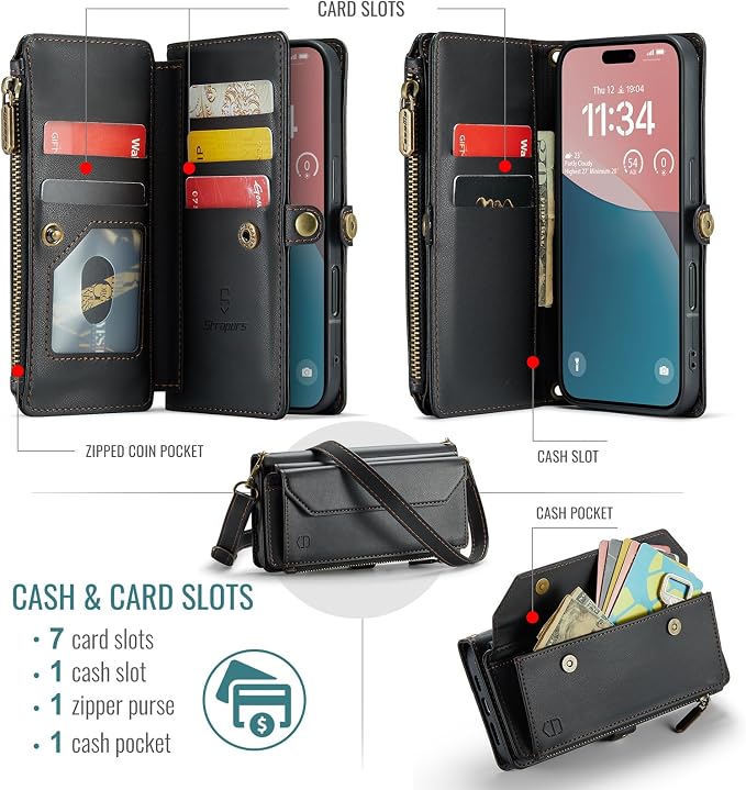 Strapurs Wallet Case Compatible with iPhone 16 6.1" RFID Blocking 7-Card Holder Soft PU Leather Magnetic Snap Shoulder Strap Zipper Pocket Phone Case Fit for iPhone 16 for Women - Black