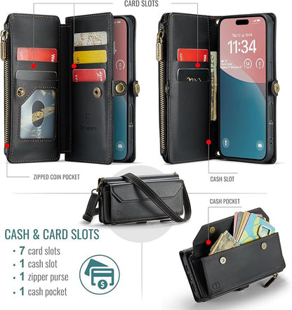 Strapurs Wallet Case Compatible with iPhone 16 6.1" RFID Blocking 7-Card Holder Soft PU Leather Magnetic Snap Shoulder Strap Zipper Pocket Phone Case Fit for iPhone 16 for Women - Black
