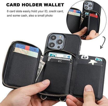 Bocasal RFID Blocking Wallet Pu Leather Flip Folio Case for iPhone 14 Pro Max, 6.7 Inch 5G Crossbody Zipper Purse Case, Card Holder With Kickstand & Detachable Wrist Strap (Black)