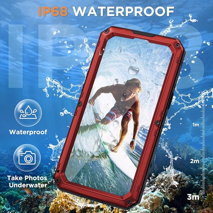 Beasyjoy for iPhone 16 Pro Max Case Waterproof, Metal Heavy Duty Full Body Protective Case with Built-in Screen Protector, Military Grade Shockproof Defender Cover for iPhone 16 Pro Max 6.9", Red