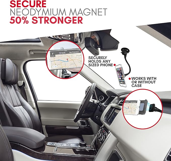Macally Windshield Phone Mount for Car Magnetic - Suction Cup Window Mount Phone Holder with 8" Long Gooseneck Arm & Super Strong Magnet Mount for Smartphone and iPhone