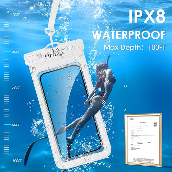 2 Pack IPX8 Waterproof Phone Pouch for iPhone 16/15/14/13 Pro Max Plus (7.2 Inch) - Swimming, Diving, Snorkeling, Snowproof - Touchscreen Friendly Underwater Photography Dry Bag (White&Blue)