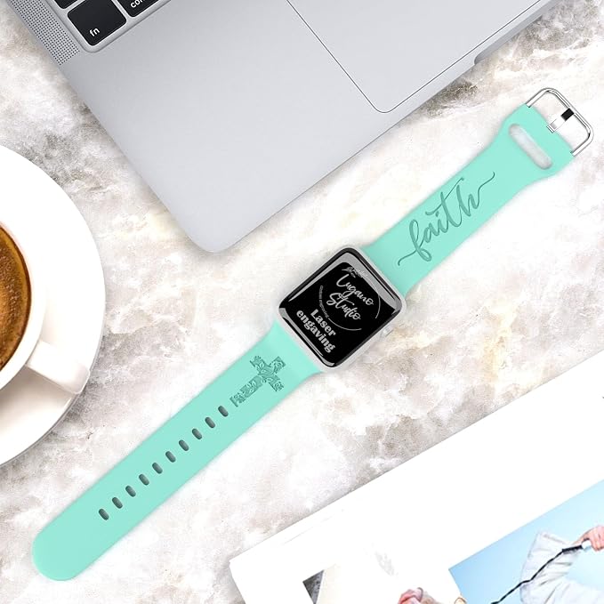 Faith with Cross Watch Band Compatible with Apple Watch Laser Engraved iWatch Band Silicone 38mm 40mm 41mm 42mm 44mm 45mm 46mm 49mm Strap Jesus Psalm Christian God Blessed (Beryl, 38/40/41mm M/L)