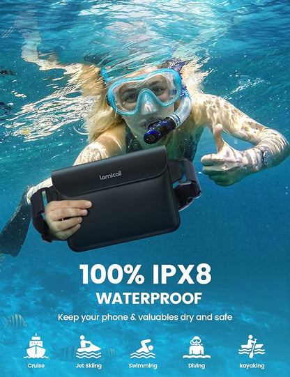 Lamicall Waterproof Fanny Pack Pouch [Elastic Waist Strap] - IPX8 Dry Bags Water Proof Pouch for Swimming, Beach, Kayaking, Cruise Ship Essentials, 8.7” for iPhone 17 16 15 Pro Max Air 2 Pack