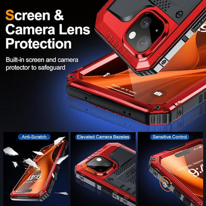 Mitywah Waterproof Case for iPhone 15 Plus, Heavy Duty Shockproof Case with Built-in Screen Protector, Full Body Underwater Protective Metal Case 6.1 inch, Red