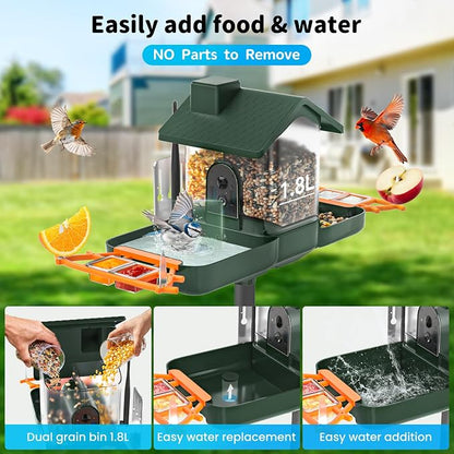 Bird Feeder with Camera and Bath, Dual-Lens 2K HD Video, AI Bird Identification, Solar Powered, Instant Alerts, IP66 Weatherproof