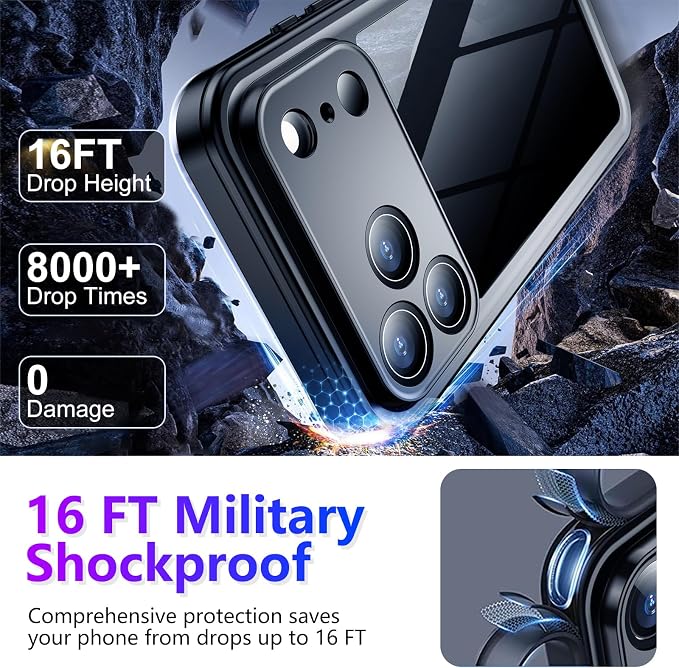 Temdan Compatible with iPhone 17 Pro Case,Waterproof Built-in Screen & Camera Protector IP68 Underwater Full Body 17FT Military Dropproof Shockproof Phone Case 6.3"-Blue/Clear