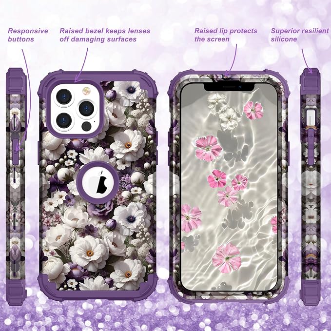 Hocase for iPhone 13 Pro Max Case, Heavy Duty Shockproof Protection Soft Silicone Rubber Bumper+Hard Plastic Hybrid Protective Case for iPhone 13 Pro Max (6.7") 2021 - White Flowers