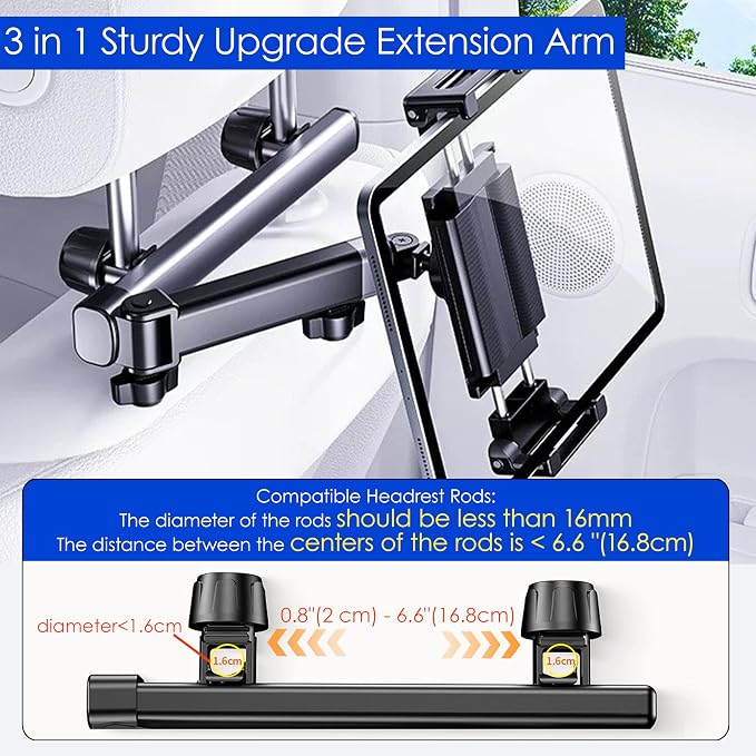 2026 Tablet Holder for Car Headrest 2 Pack [3 in 1 Sturdy Upgrade Extension Arm] 360° Rotating Adjustable for iPad/Phone Headrest Mount, for Most Tablets/Phones, Fit Larger Tablet - Black