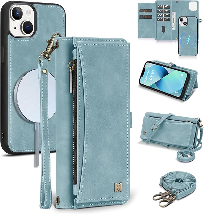 Wallet Case for iPhone 13 with Card Holder/Crossbody Wallet/Strap| RFID Blocking | Magnetic | Kickstand | Detachable | PU Leather Phone Case for iPhone 13,6.1 in,Blue