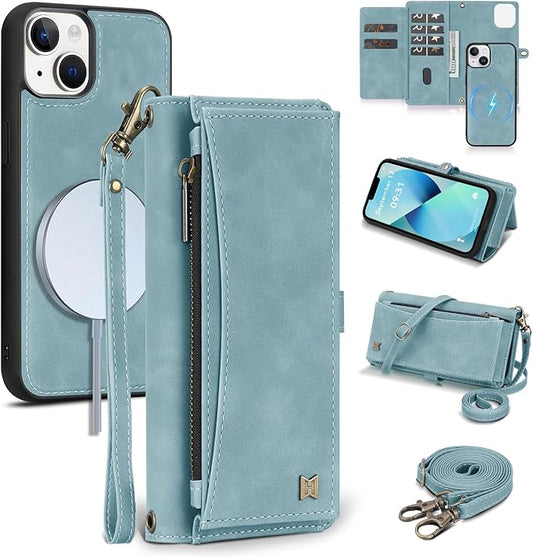 Wallet Case for iPhone 13 with Card Holder/Crossbody Wallet/Strap| RFID Blocking | Magnetic | Kickstand | Detachable | PU Leather Phone Case for iPhone 13,6.1 in,Blue