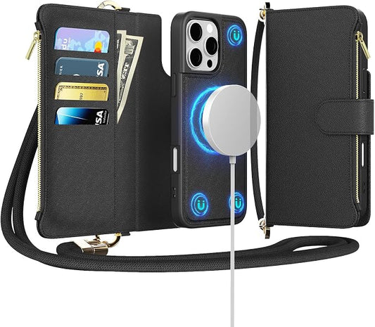 for iPhone 16 Pro Max(6.9 inches) Detachable Wallet Case with Crossbody.Multi-Function 2 in 1 Magnetic Wallet Case with Card Holder.Flip Strap Zipper Phone Case with Shoulder Straps Black