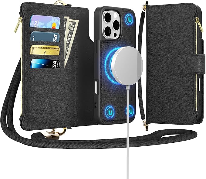 for iPhone 14 Pro Max(6.7 inches) Magnetic Wallet Case with Crossbody.Compatible with Magsafe detachable Wallet Case with Card Holder.Multi-Function 2 in 1 flip shoulder Strap with Zipper Case