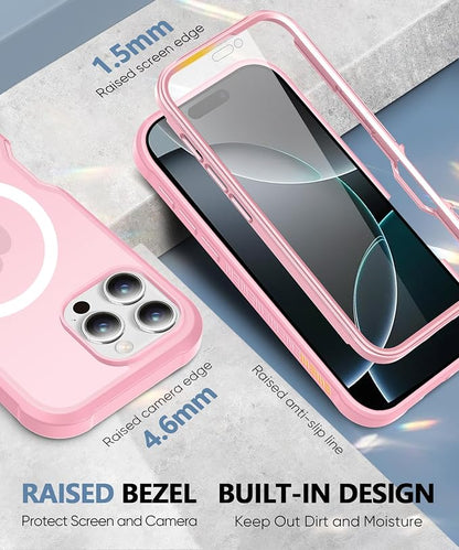 Compatible with iPhone 16 Pro Max Case, Built-in Screen Protector, with Camera Lens Protector, [Compatible with MagSafe] Matte Back Full Body Phone Case, Protective Cover for 6.9 Inch (Pink)