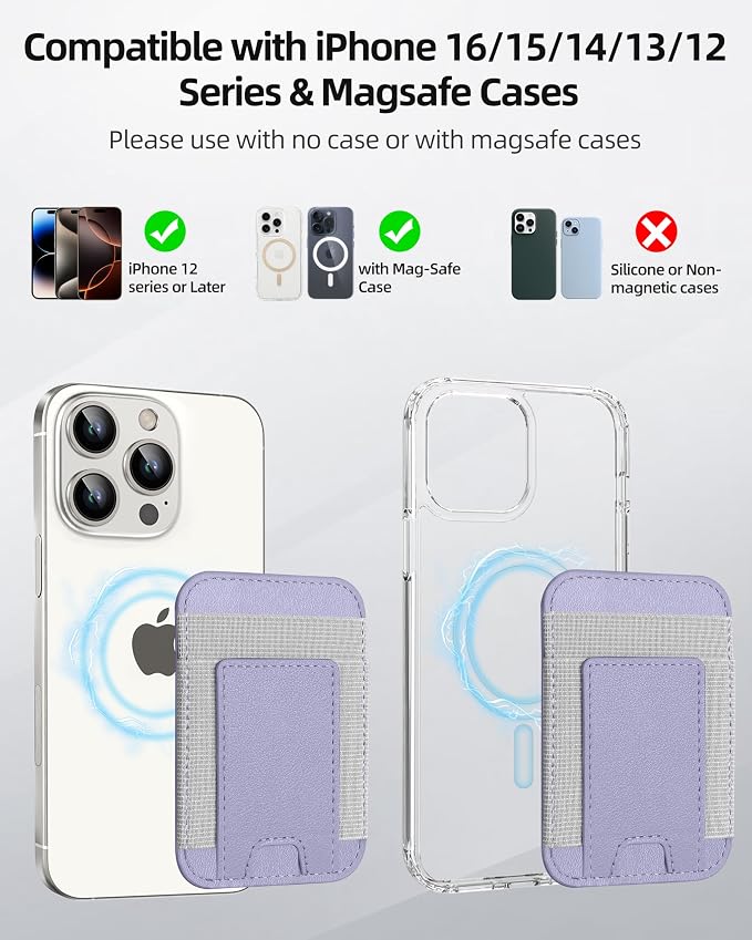 Upgraded for Magsafe Wallet, Strongest Magnetic Wallet, for iPhone Magsafe Walle t with 2 Card Slots, Magnetic Card Holder for iPhone 17/16/15/14/13/12 Series, Vegan Leather, Fit 7 Cards, Light Purple
