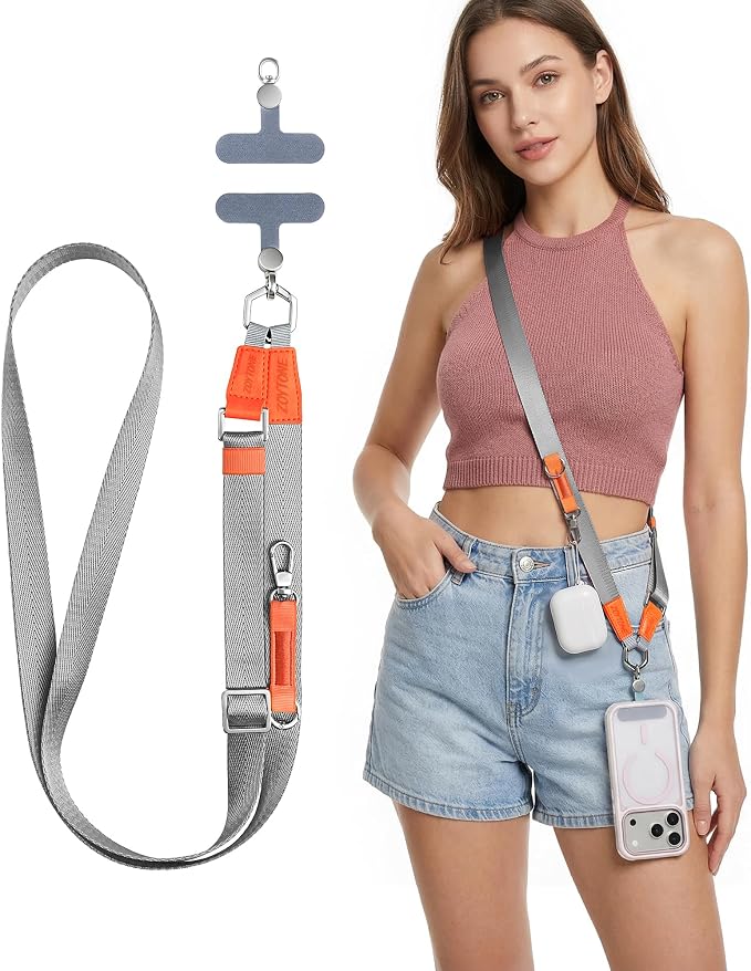 Phone Lanyard Crossbody with 2 Phone Tabs, Adjustable Anti Theft Phone Strap for iPhone & Android, Universal Skin-Friendly Cell Phone Neck Lanyard for Travel Hiking Cycling Shopping (Grey)