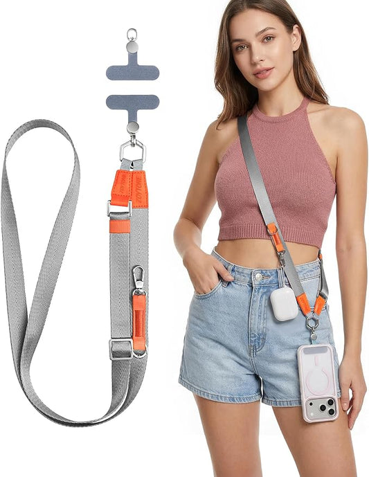 Phone Lanyard Crossbody with 2 Phone Tabs, Adjustable Anti Theft Phone Strap for iPhone & Android, Universal Skin-Friendly Cell Phone Neck Lanyard for Travel Hiking Cycling Shopping (Grey)