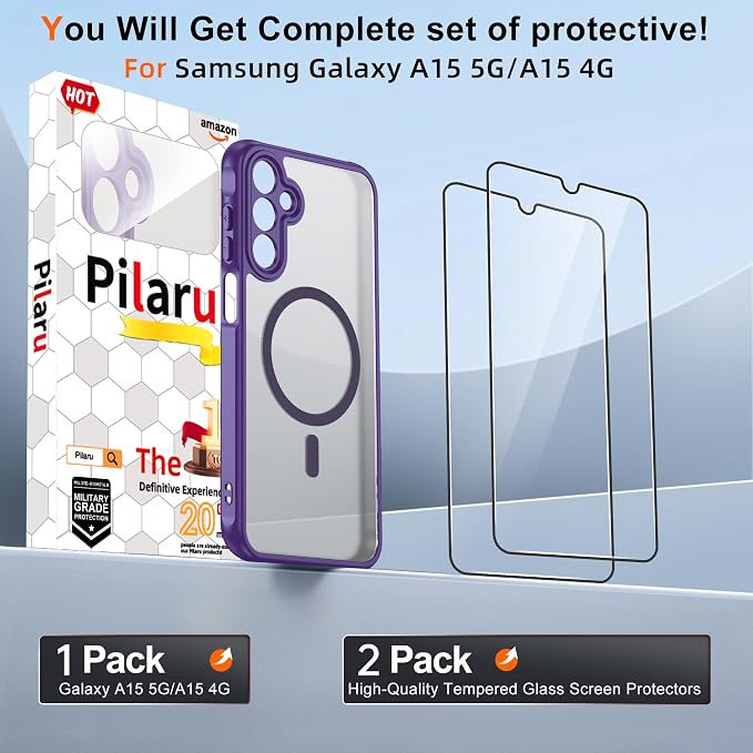 for Galaxy A15 5G Phone Case: Samsung A15 Phone Case with 2PC Tempered Glass Screen Protector, Wireless Charging Samsung A15 5G Case Matte Translucent Soft-Touch & Shockproof Funda para A 15,Purple