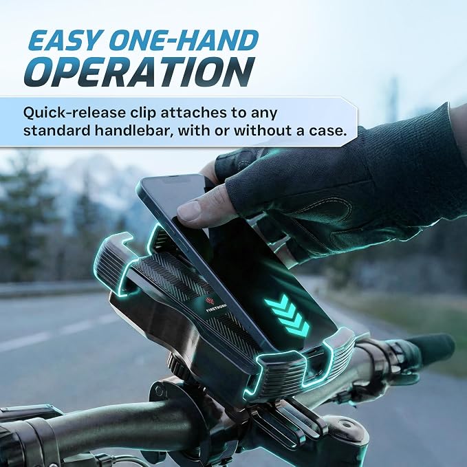 Bike Phone Holder with Built in 5000 mAh Rechargable Battery - Motorcycle Mount, Handlebar Cell Phone Clamp, Scooter Clip for all 4.7 to 6.8" Phone types - iPhone 17, 16, 15 Plus, S20, Smartphones