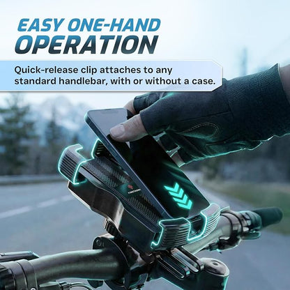 Bike Phone Holder with Built in 5000 mAh Rechargable Battery - Motorcycle Mount, Handlebar Cell Phone Clamp, Scooter Clip for all 4.7 to 6.8" Phone types - iPhone 17, 16, 15 Plus, S20, Smartphones