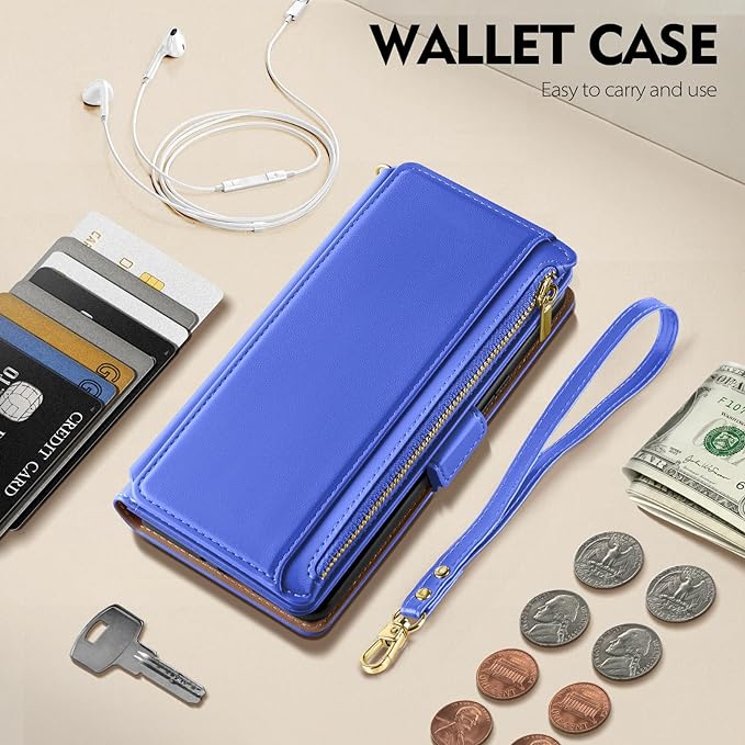Antsturdy Compatible with iPhone 16 Plus Wallet Case,RFID Blocking PU Leather Phone Case Women Men Kickstand flip Cover Wrist Strap Zipper Credit Card Holder Slots for Apple 16 Plus 6.7",Ultramarine