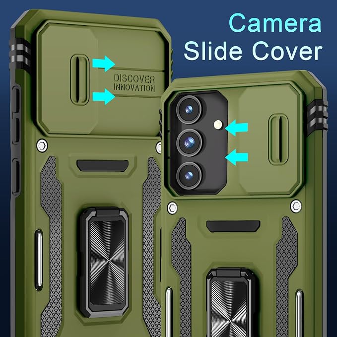 DEERLAMN Case for Samsung Galaxy S25 6.2-Inch with Slide Camera Cover+Screen Protector (1 Pack), Rotated Ring Kickstand Military Grade Shockproof Protective Cover-Olive Green