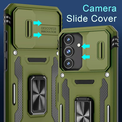 DEERLAMN Case for Samsung Galaxy S25 FE 6.7-Inch with Slide Camera Cover+Screen Protector(1 Pack), Rotated Ring Kickstand Military Grade Shockproof Protective Cover-Olive Green