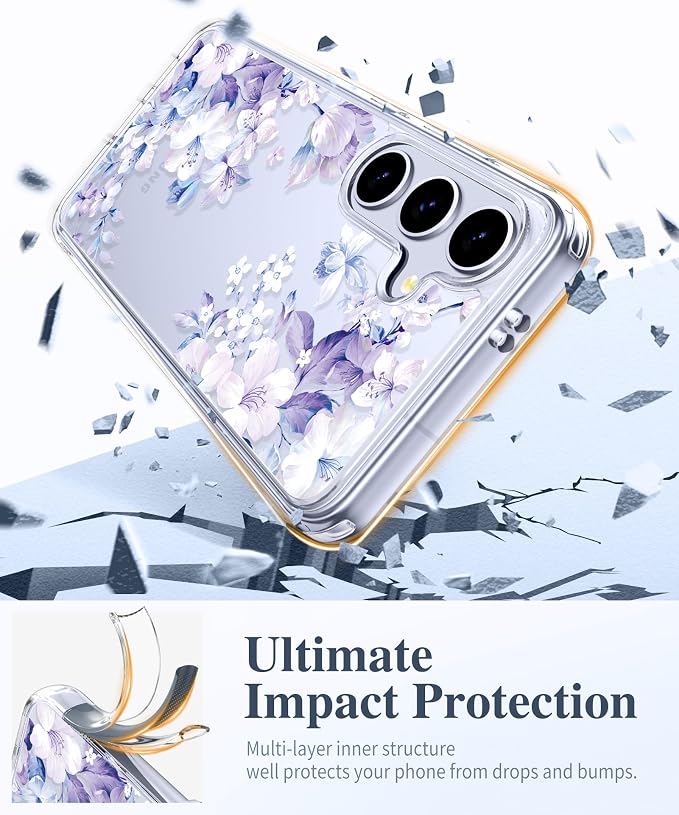 GVIEWIN for Samsung Galaxy S25 Plus Case, Clear Floral Slim Shockproof Protective Women Phone Case, Non-Yellowing, with Screen Protector & Camera Lens Protector for S25 Plus 6.7", Foliolosa/Blue