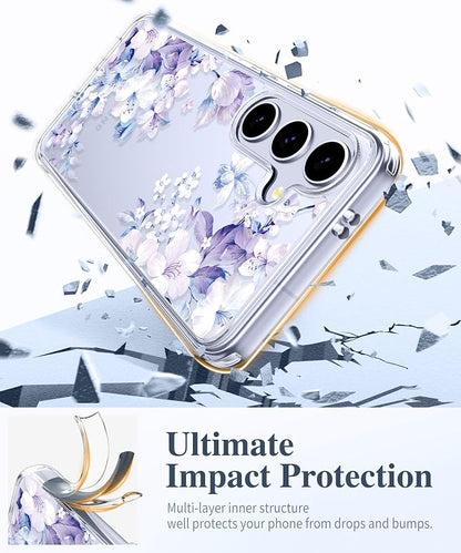 GVIEWIN for Samsung Galaxy S25 Plus Case, Clear Floral Slim Shockproof Protective Women Phone Case, Non-Yellowing, with Screen Protector & Camera Lens Protector for S25 Plus 6.7", Foliolosa/Blue