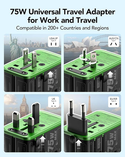 MFish 75W Universal Travel Adapter, 5-Port International Power Adapter with Retractable USB-C Cable, 3 USB-C & 1 USB-A + AC Outlet, Worldwide Wall Charger for MacBook, iPhone, iPad, EU/UK/US/AUS Black