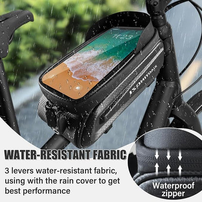 Hard Shell Bike Phone Bag, 1.5L Waterproof Bicycle Front Frame Bag, PU+EVA Material with Zippered Pocket, Universal Adjustable Rack Mount for Cycling