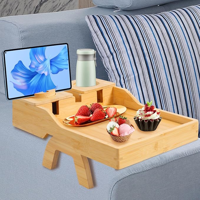 Couch Cup Holder Tray - Sofa Arm Tray with 360° Rotating Cell Phone Holder, Anti-Slip Couch Arm Rest Table, Natural Bamboo Clip-On Side Table for Eating, Snacks, Drinks, Remote, Cups