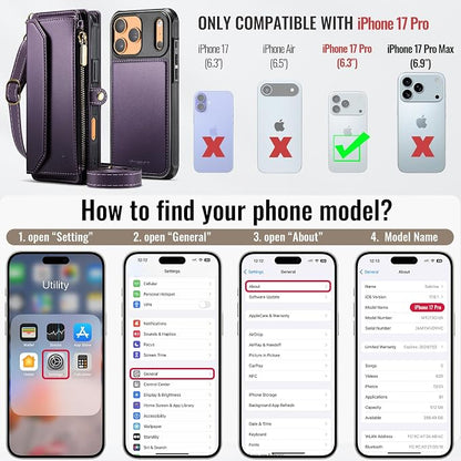 Strapurs for iPhone 17 Pro Detachable Wallet Case Compatible with Magsafe, RFID Blocking 9-Card Holder Zipper Wrist Strap Lanyard PU Leather Magnetic Phone Case for iPhone 17 Pro 6.3", Purple