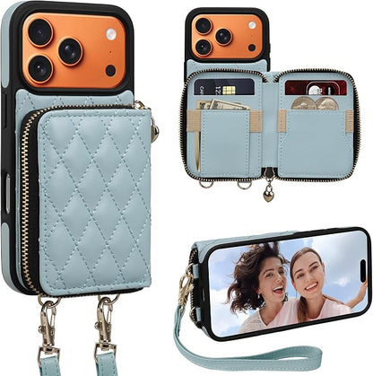 Keallce Case for iPhone 17 Pro 6.3'' Wallet Case, Crossbody Zipper Purse with Wrist Strap Lanyard Handbag, RFID Blocking Card Holders, Kickstand Flip Leather Cover for iPhone 17 Pro, Blue