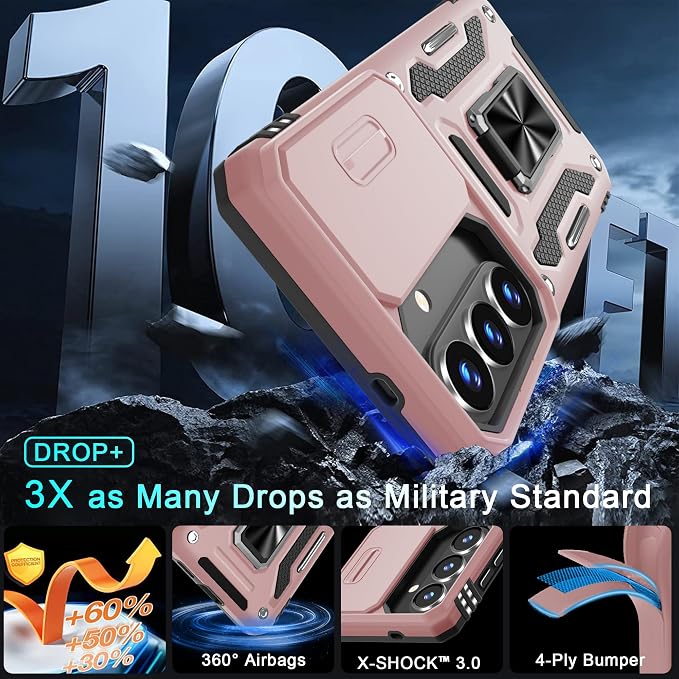 DEERLAMN Case for Samsung Galaxy S26+ Plus 6.7-Inch with Slide Camera Cover+Screen Protector(1 Pack), Rotated Ring Kickstand Military Grade Shockproof Protective Cover-Rose Gold