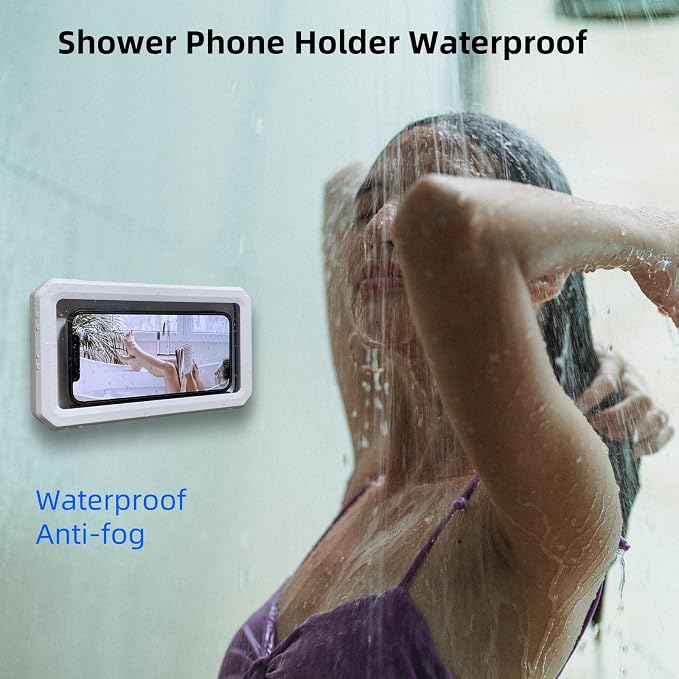 Shower Phone Holder Waterproof,480° Rotation Adjustable Wall Mount Shower Phone Case with Anti-Fog Touch Screen for Bathroom Tub Kitchen Mirror,Up to 6.8 in (White)