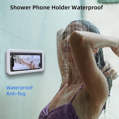 Shower Phone Holder Waterproof,480° Rotation Adjustable Wall Mount Shower Phone Case with Anti-Fog Touch Screen for Bathroom Tub Kitchen Mirror,Up to 6.8 in (White)