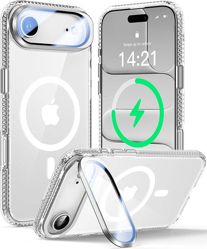 [Upgraded Full Camera Protection] for iPhone Air Case with Camera Cover Stand [Fit for MagSafe][10FT Mil-Grade Protection] Transparent Magnetic Phone Cover for iPhone 17 Air Case, Clear