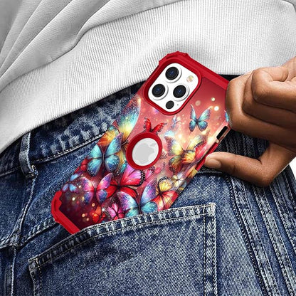 Hocase for iPhone 15 Pro Case, Heavy Duty Shockproof Protection Soft Silicone Rubber Bumper+Hard Plastic Hybrid Protective Case for iPhone 15 Pro 6.1" 2023 - Shimmering Butterflies in Red