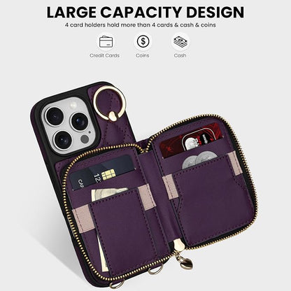 Keallce for iPhone 16 Pro Max 6.9'' Wallet Case, Crossbody Zipper Purse with Wristlet for Women, RFID Blocking Card Holders, 360° Ring Kickstand Flip Leather Case Darkpurple