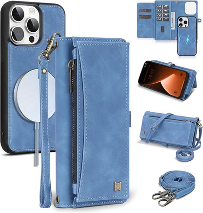 Wallet Case for iPhone 15 Pro with Card Holder/Crossbody Wallet/Strap| RFID Blocking | Magnetic | Kickstand | Detachable | PU Leather Phone Case for iPhone 15 Pro,6.1 in,Sky Blue