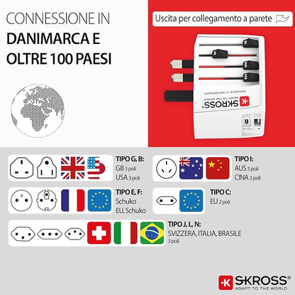 SKROSS Universal Travel Plug with USB and USB C, 1.302962, White