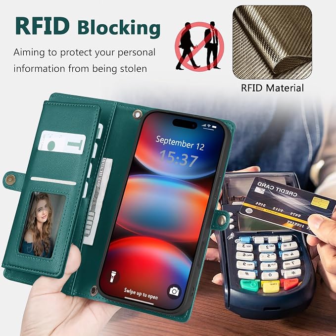 Wallet Case for iPhone 17 Pro Max with Card Holder/Crossbody Wallet/Strap,[RFID Blocking][Magnetic] PU Leather Phone Case for iPhone 17 Pro Max,6.9 in,Green