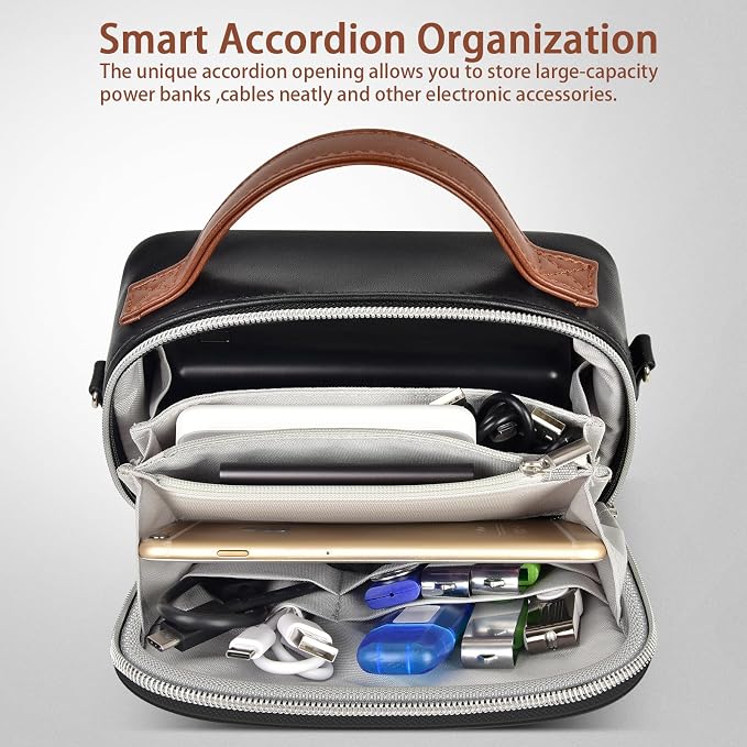 Electronic Organizer with Shoulder Strap, Premium Mixed-Fabric Accordion Tech Pouch for Travel & Commute, Large Capacity for Power Bank, Phone, Hard Drive,Charger -Case Only (Black)