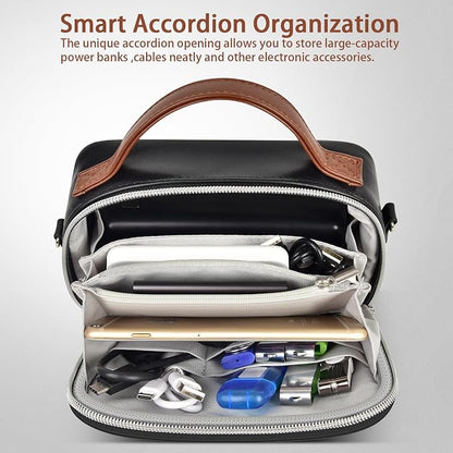 Electronic Organizer with Shoulder Strap, Premium Mixed-Fabric Accordion Tech Pouch for Travel & Commute, Large Capacity for Power Bank, Phone, Hard Drive,Charger -Case Only (Black)