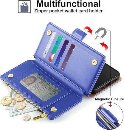 Antsturdy Compatible with iPhone 16 Plus Wallet Case,RFID Blocking PU Leather Phone Case Women Men Kickstand flip Cover Wrist Strap Zipper Credit Card Holder Slots for Apple 16 Plus 6.7",Ultramarine