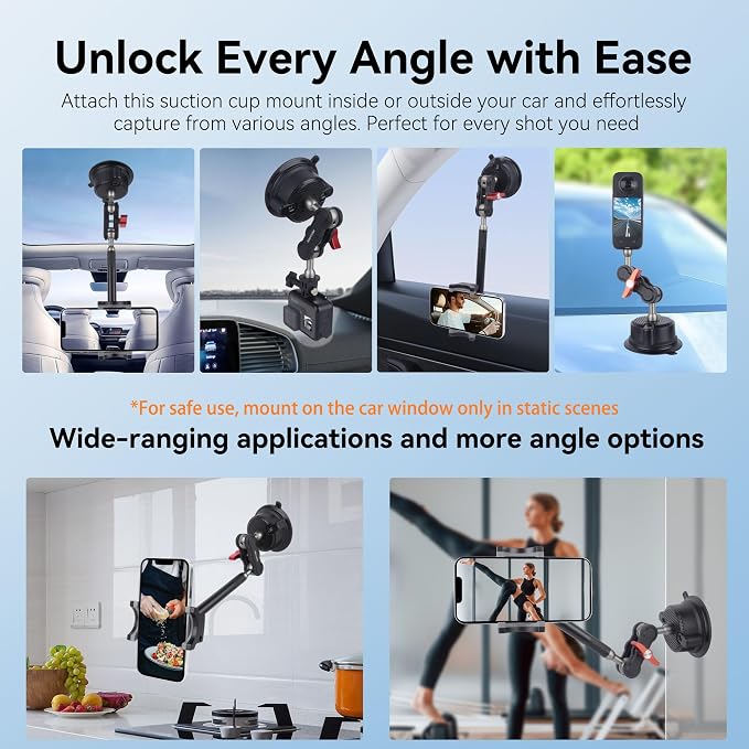 Suction Cup Car Phone Mount, 360°Rotating Car Phone Holder Video Recording, Universal Ball Head Arm for Cellphone Car Holder, Heavy Duty Car Phone Mount for Dashboard, Windshield-SJ003 (Extended)