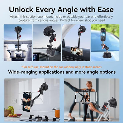 Suction Cup Car Phone Mount, 360°Rotating Car Phone Holder Video Recording, Universal Ball Head Arm for Cellphone Car Holder, Heavy Duty Car Phone Mount for Dashboard, Windshield-SJ003 (Extended)